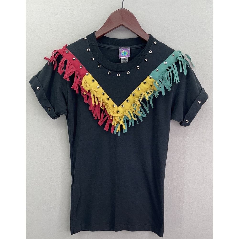 VTG 80s 90s Western Black Fringe Boho T Shirt Studded Festival Top Sz Small READ